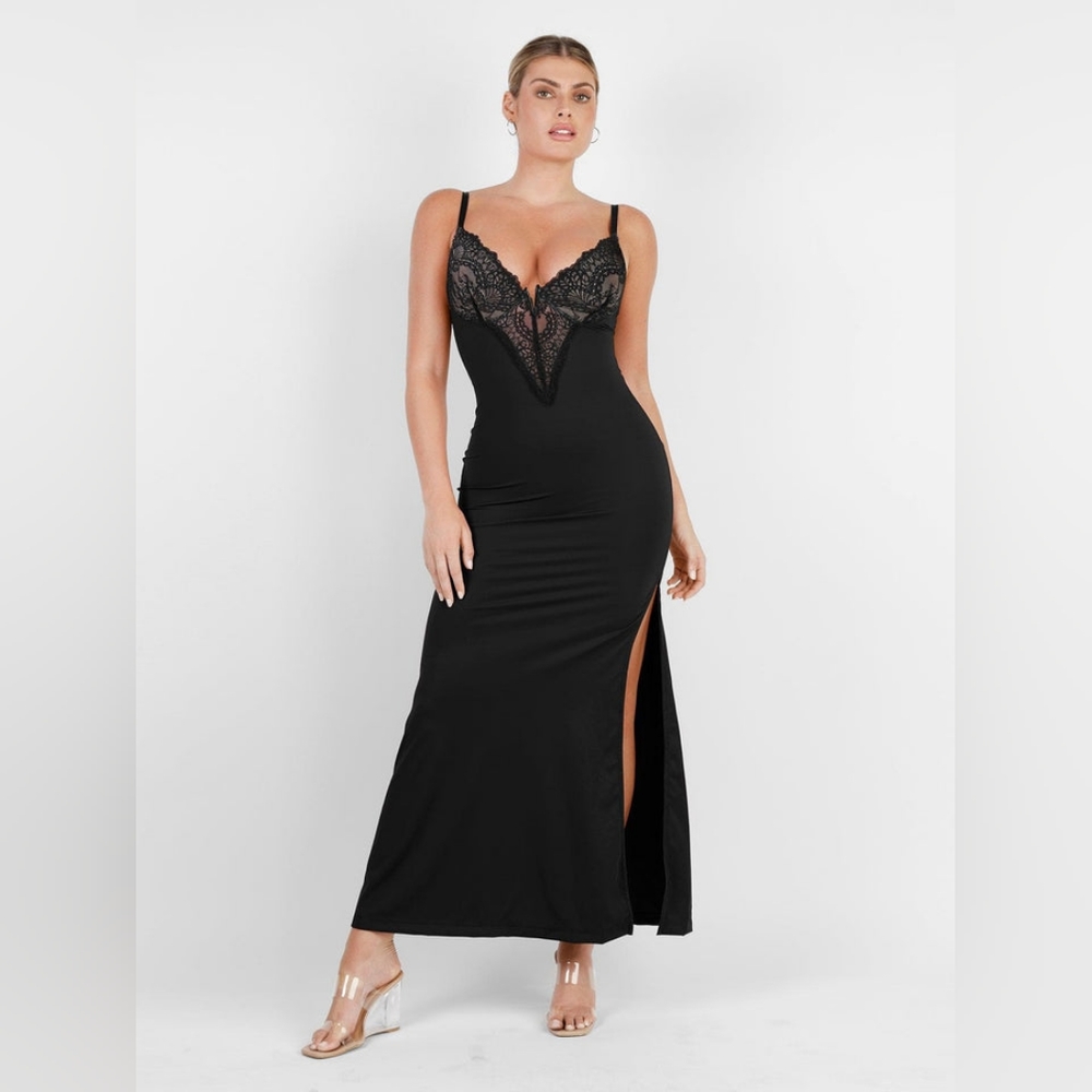 Popilush Built-In Shapewear Sexy Lace Slip Split Maxi Dress
